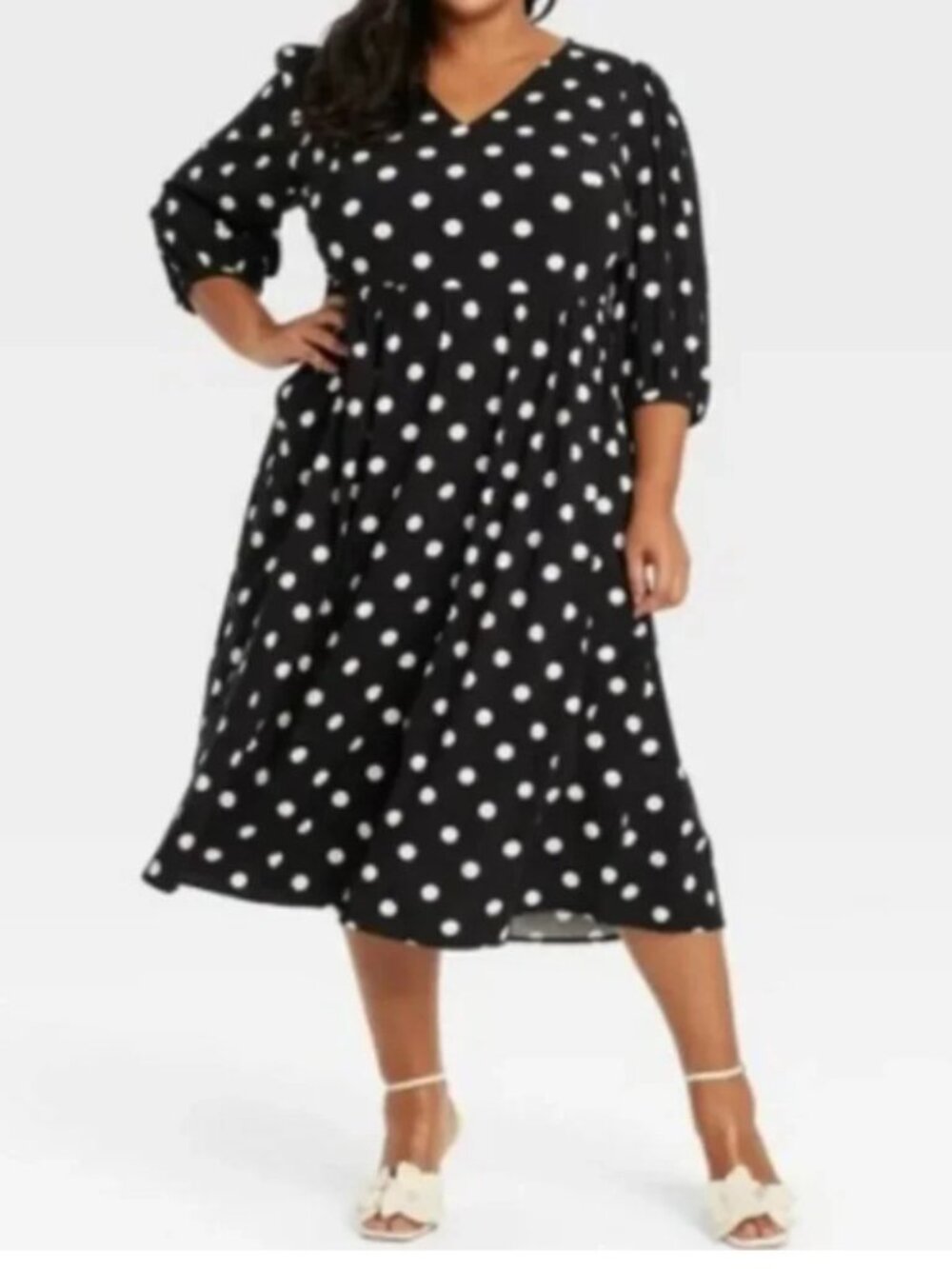 Ava & Viv Black with White Polkadots V Neck 3/4 Elastic Sleeve Midi NWT 3X